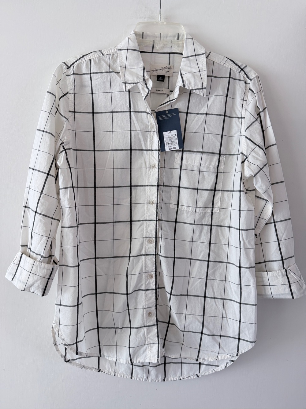 Women’s White Windowpane Button-Up Shirt - Casual Long Sleeve